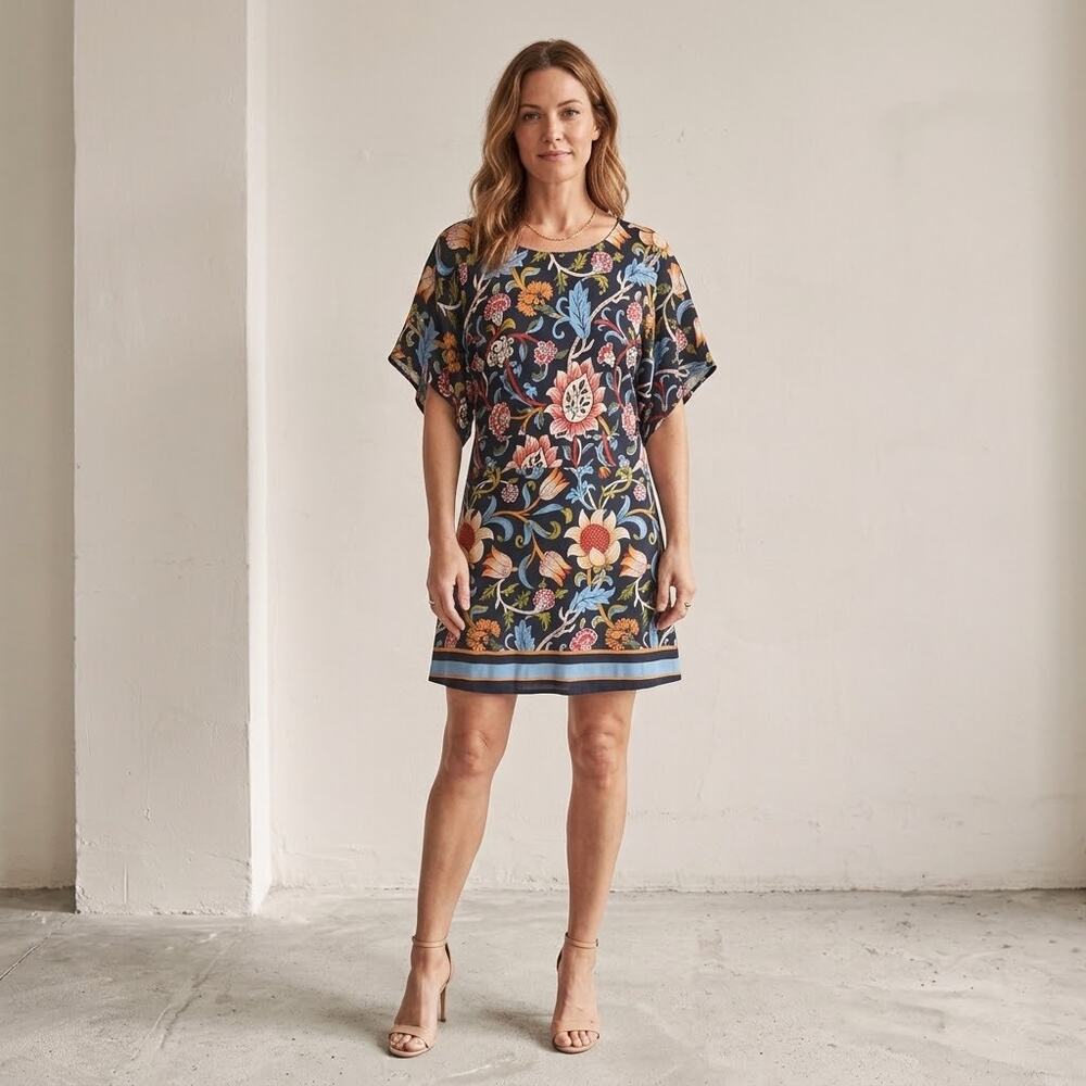 BCBGMAXAZRIA XL Black Floral Kimono Sleeve Jersey Stretch Dress